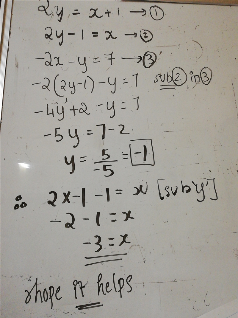 What is the system subtitution of 2y=x+1 ; -2x-y=7-example-1