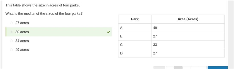 This table shows the size in acres of four parks. What is the median of the sizes-example-1