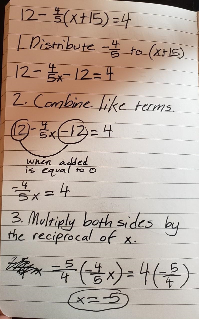 What is 12- 4/5(x+15)=4 please show me step by step.-example-1