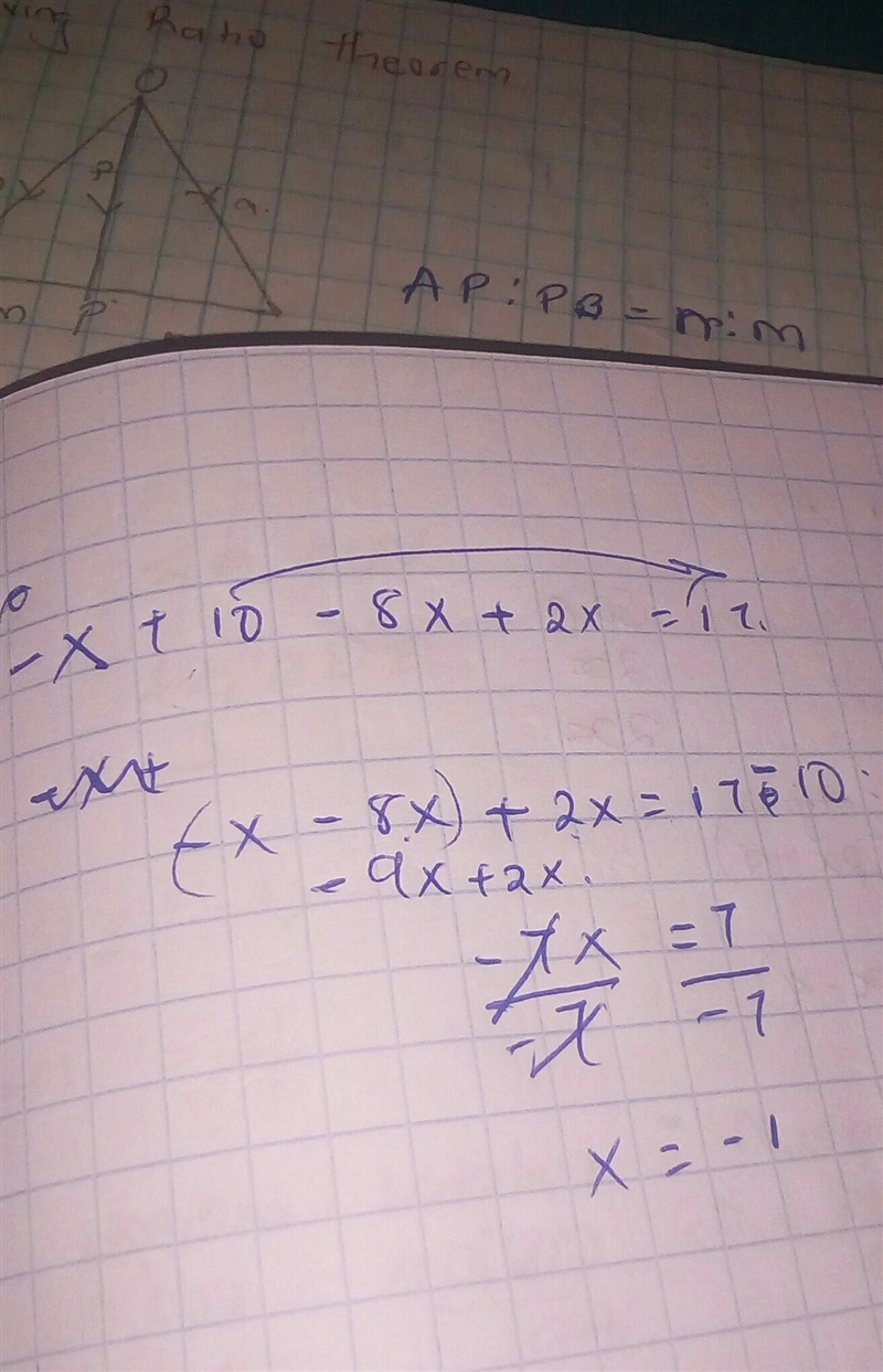 Solve the equation for x. –x + 10 – 8x + 2x = 17 A. 11 B. –11 C. 1 D. –1-example-1