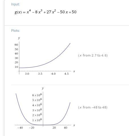 find all the zeros and write a linear factorization of g(x)=x^4-8x^3+27x^2-50x+50 given-example-2