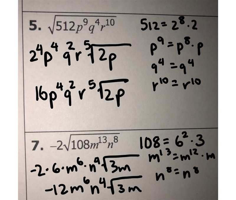 Can someone explain how to simply radicals in these problems? ASAP please and thank-example-1