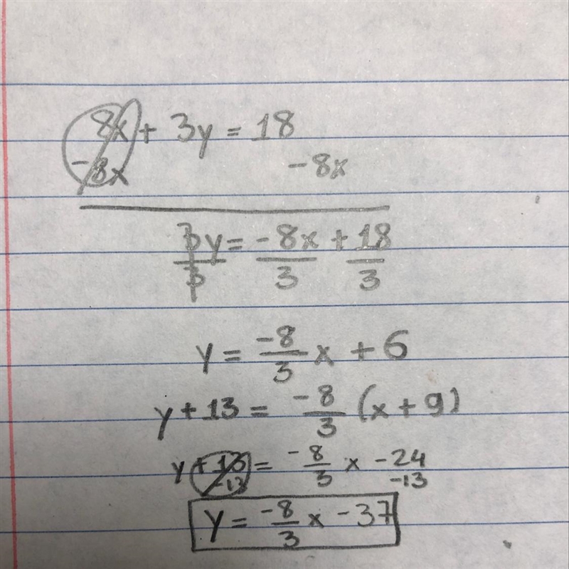 8x+3y=18 Find the equation of the line which passes through the point (-9,-13) and-example-1