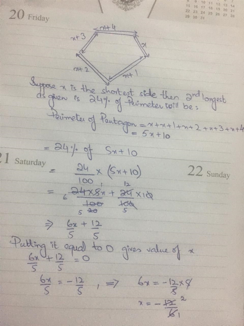 The sides of the pentagon are consecutive even integers. Find the length of the shortest-example-1