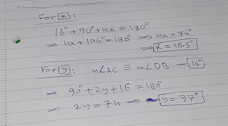 Lines AB and CD are straight lines. Find x and y. Give reasons to justify your solutions-example-1