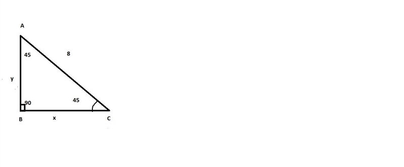 Solve for x and y in the given the 45° - 45° - 90° triangle shown above. When applicable-example-1