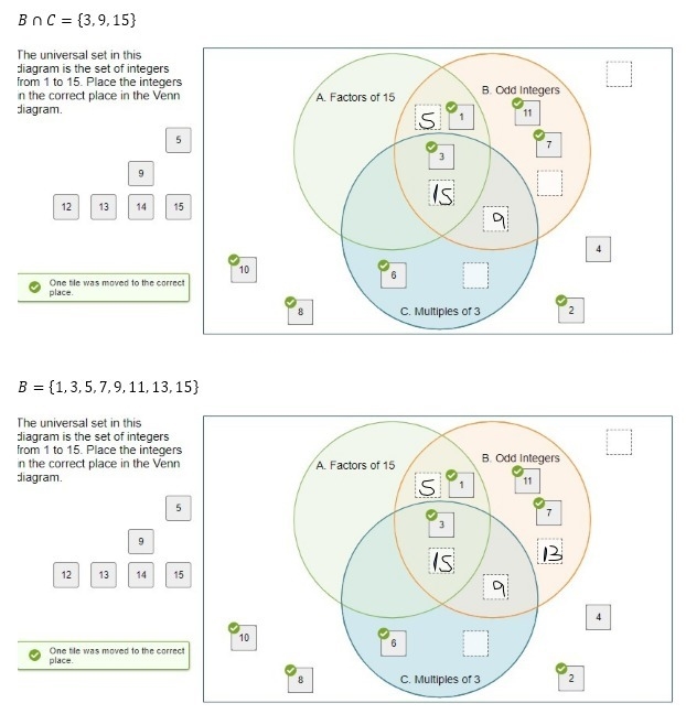 the universal set in this diagram is the set of integers from 1 to 15 place integers-example-2