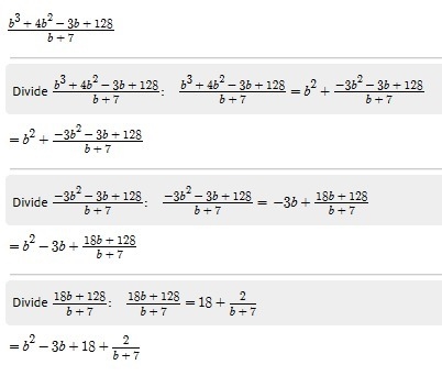 What is the quotient of b^3+4b^2 -3b+128 /b+7 a) b^2+11b+80R276 b) b^2-11b+38R140 c-example-1