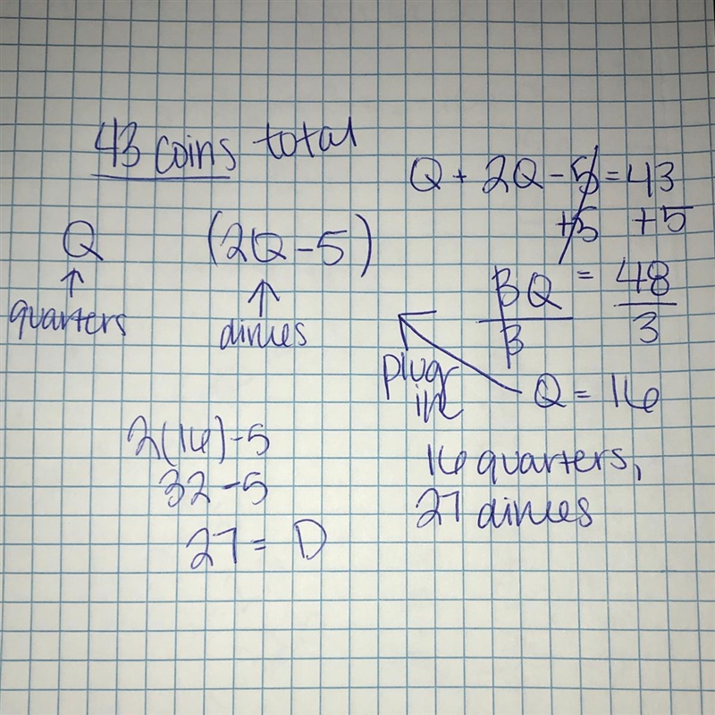 1. Rachel has 43 coins. They are all quarters and dimes. She has five less than twice-example-1