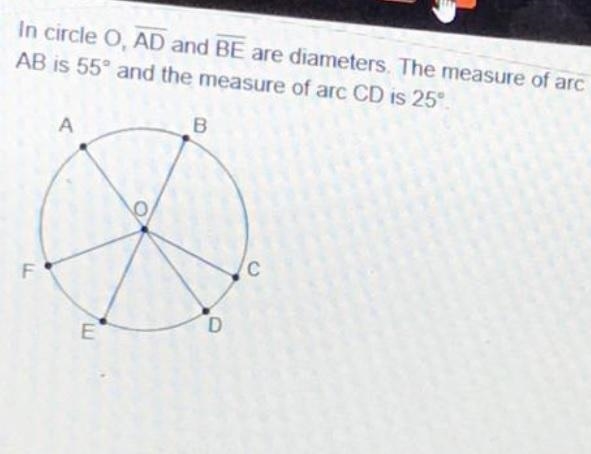 In circle O, and are diameters. The measure of arc AB is 55° and the measure of arc-example-1