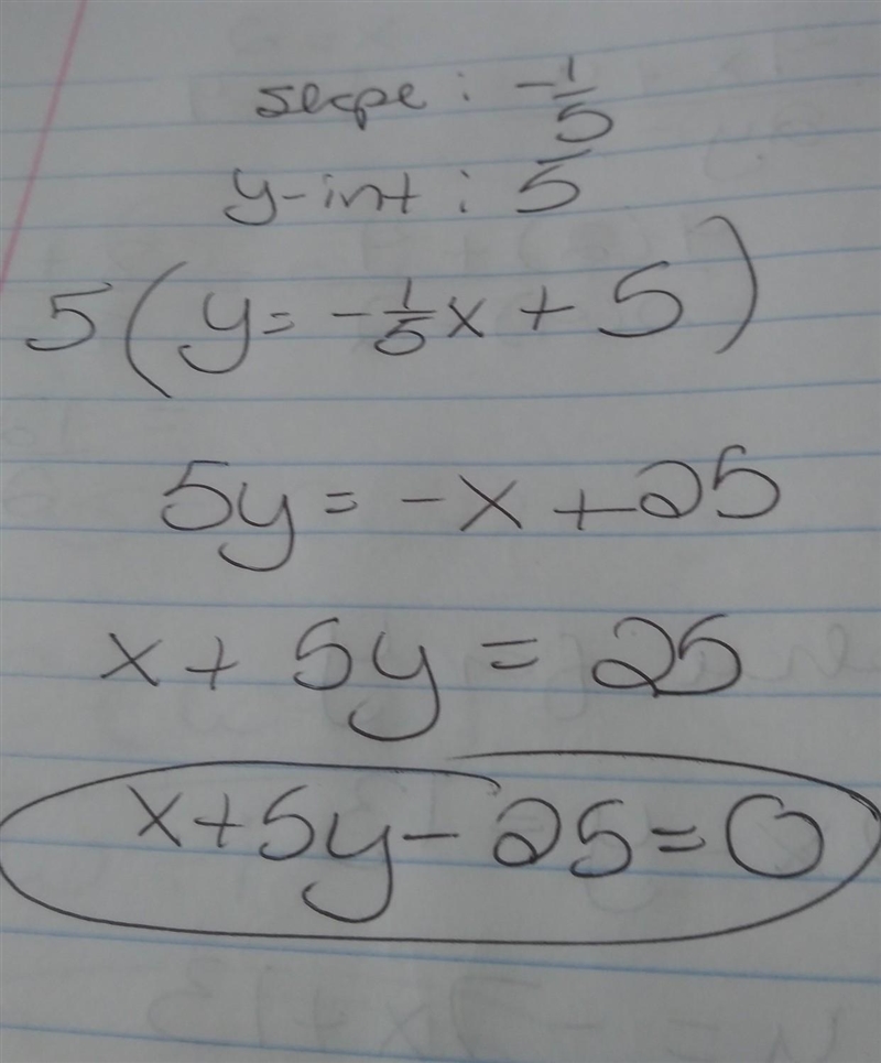 The slope of a line is -1/5, and the y-intercept is 5. What is the equation of the-example-1