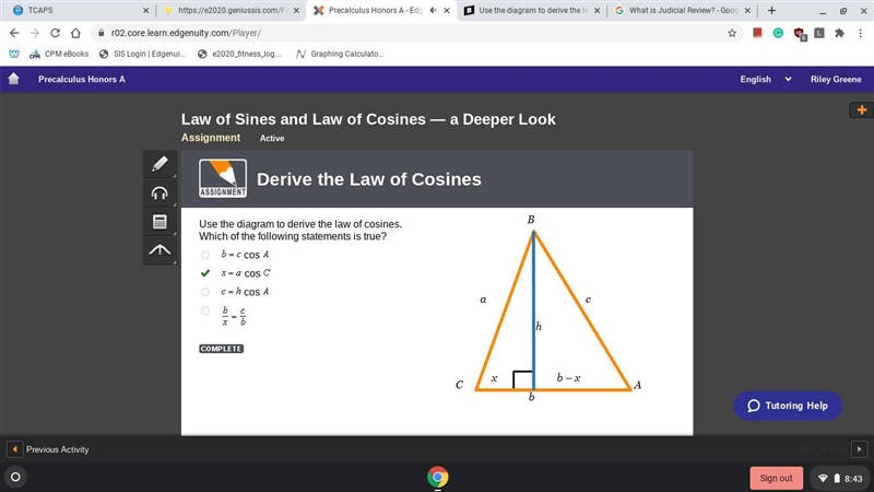 Use the diagram to derive the law of cosines. Which of the following statements is-example-1