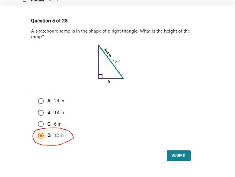 A skateboard ramp is in the shape of a right triangle. What is the height of the ramp-example-1