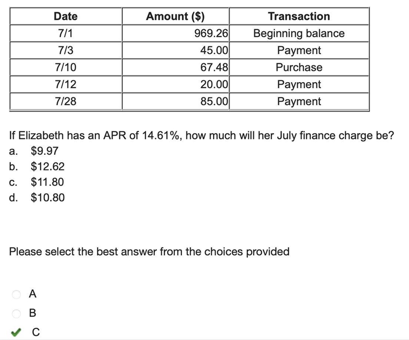 Elizabeth's credit card computes her finance charges using the previous balance method-example-1