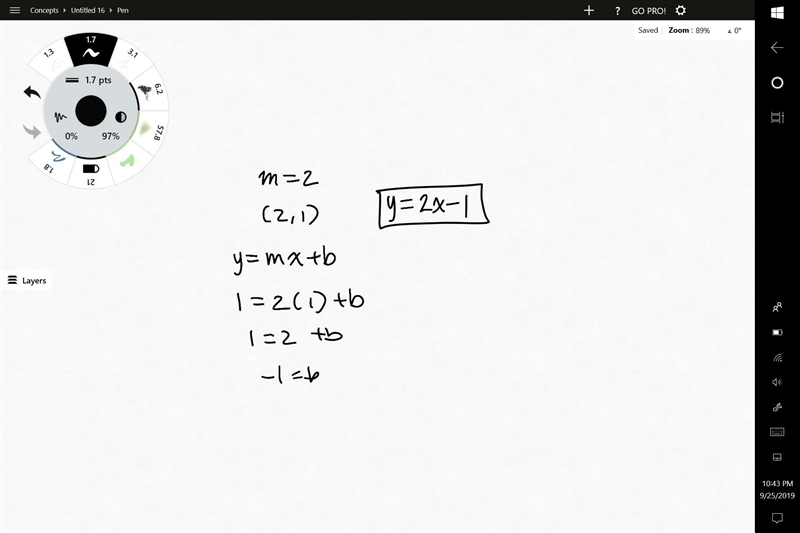 Write an equation of each line. 1. slope = 2; (2, 1)-example-1