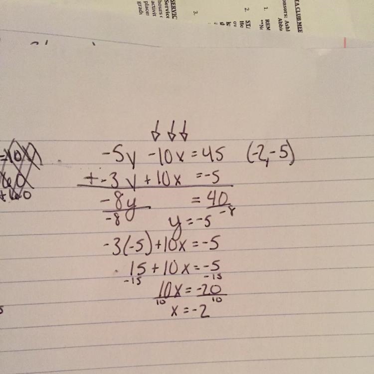 Solve the system of equations. ​ −5y−10x=45 −3y+10x=−5 ​-example-1