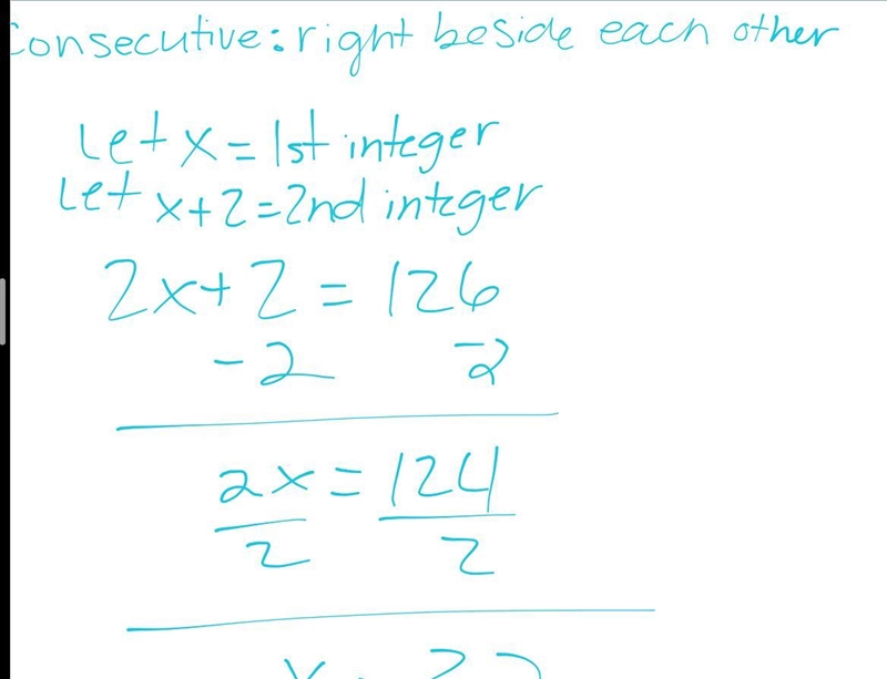 Find two consecutive even integers whose sum is 126. write an equation.-example-1