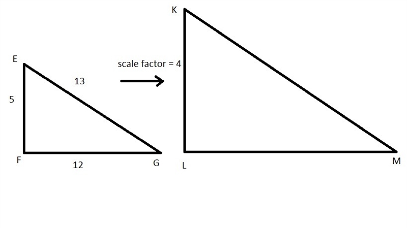 Triangle EFG has side lengths of 5 feet, 12 feet, and 13 feet. Triangle KLM is similar-example-1