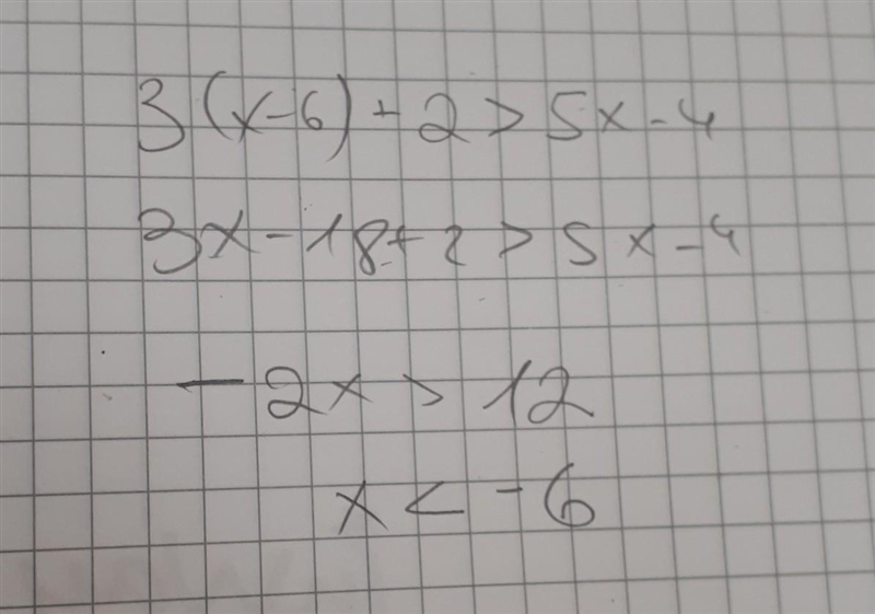 Solve the following inequality. Show and explain your work 3(x-6)+2>5x-4-example-1