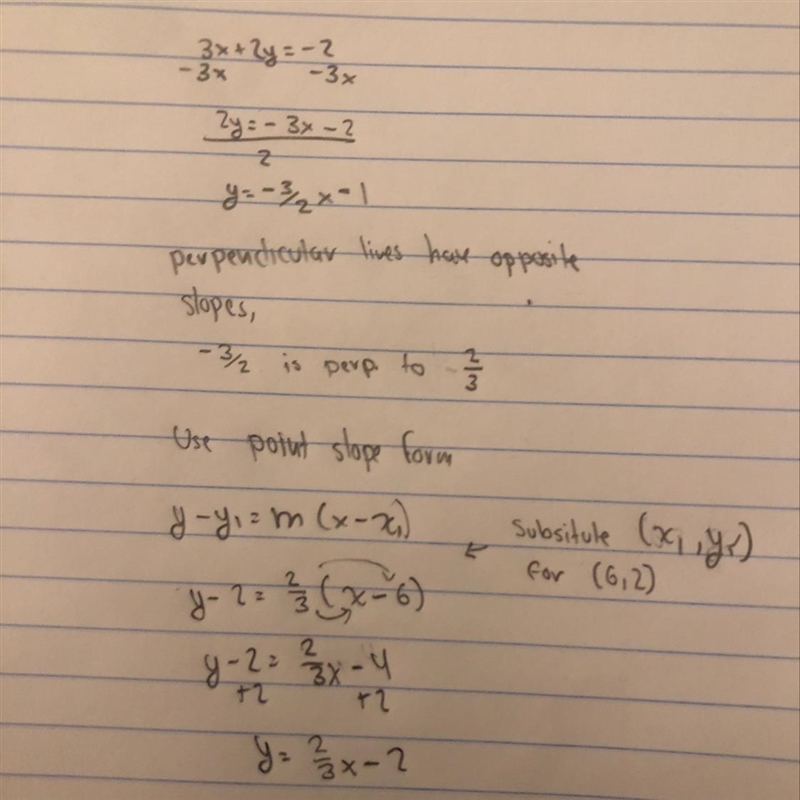 Find the equation of the line that is perpendicular to 3x + 2y = -2 and goes through-example-1