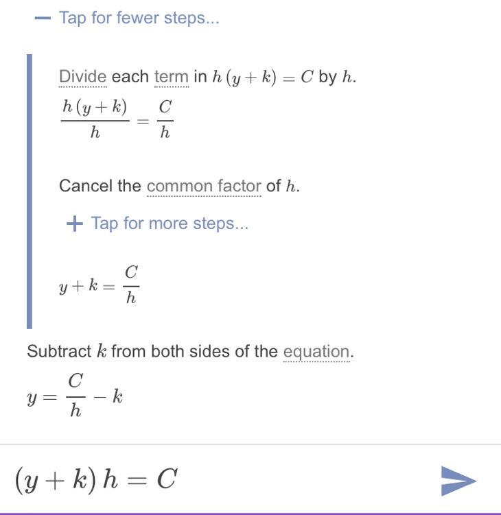 Solve for y. C=(y+k)h-example-1