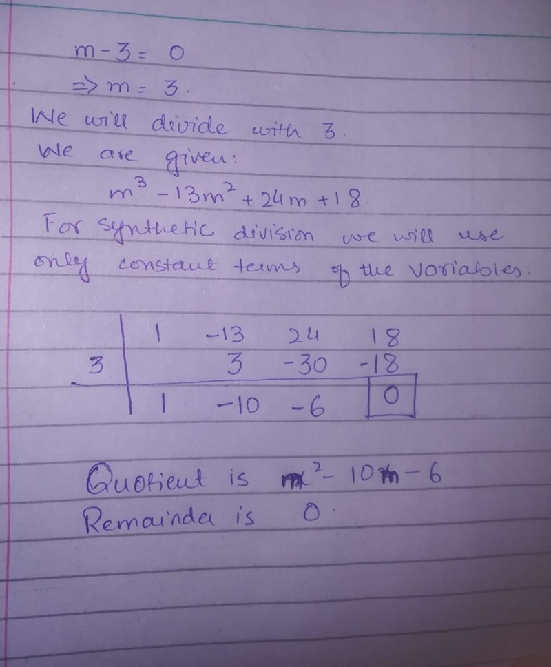 How do you divide (m^(3)- 13m^(2)+24m+18)div(m-3) using synthetic division step by-example-1