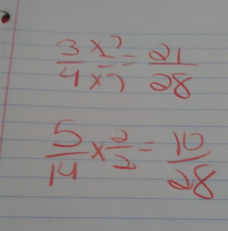 Rewrite the fractions 3/4 and 5/14 as fractions with a least common denominator?-example-1