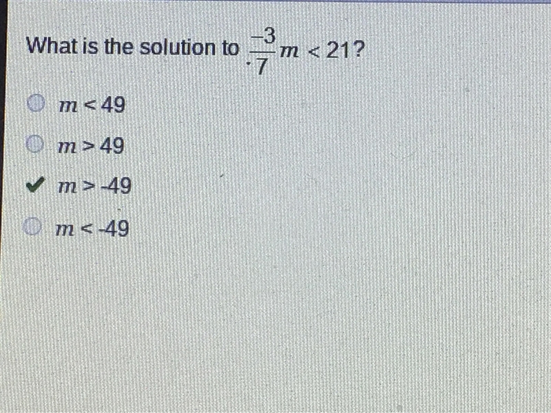 What is the solution to -3/7m < 21-example-1