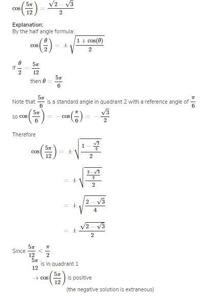 Find the exact value by using a half-angle identity. sine of five pi divided by twelve-example-1