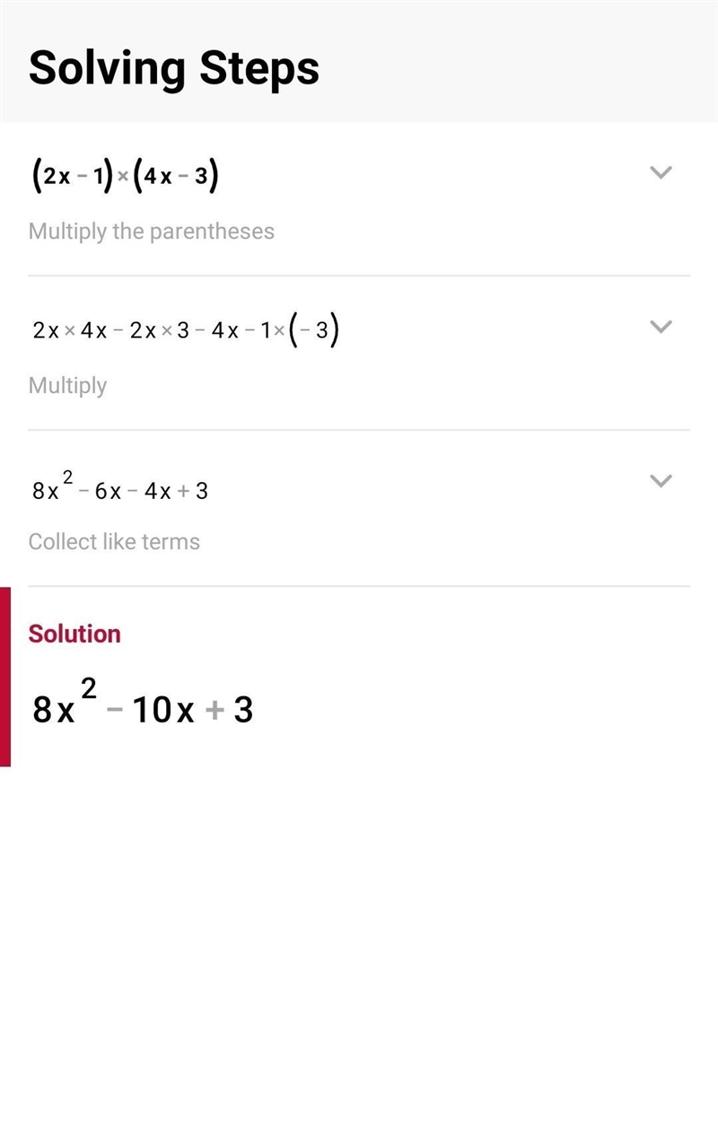 Which expression is equivalent to: (2x - 1)(4x - 3) A 8x2 + 3 B 6x2 - 7x - 3 C 2x-example-1