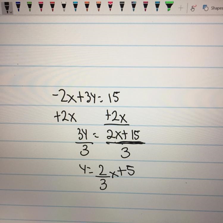 How can I turn -2x+3y=15 Into a y=Mx+b equation-example-1