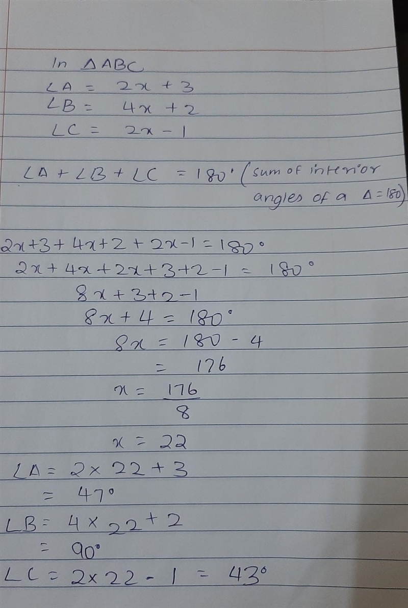 In AABC the measure of angle A is 2x + 3, the measure of angle B is4x + 2. and the-example-1