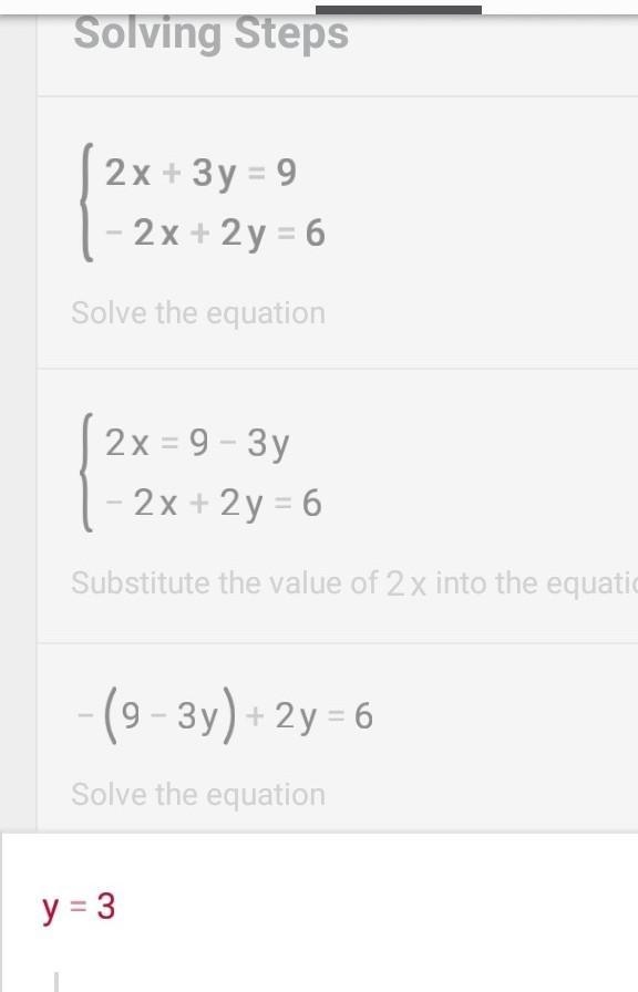 2x + 3y = 9 -2x + 2y = 6 The y-coordinate of the solution to the system shown is _____.-example-4