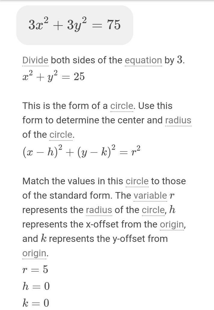 Find the center of the circle whose equation is 3x² + 3y² = 75.-example-1