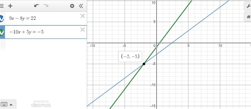 what does the solution of (-2,-5) for the system of equations 9x-8y=22 and -10x + 5y-example-1