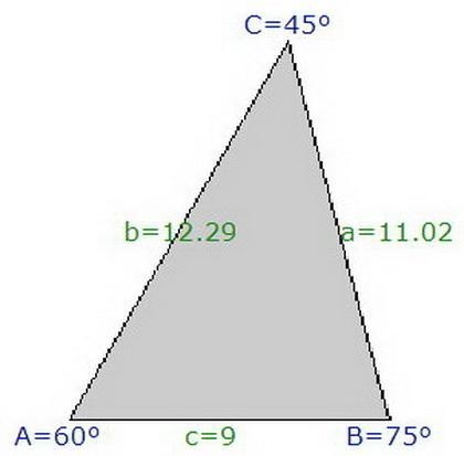 Given: △ABC, m∠A=60°, m∠C=45°, AB=9 Find: Perimeter of △ABC, Area of △ABC do not rationlize-example-1