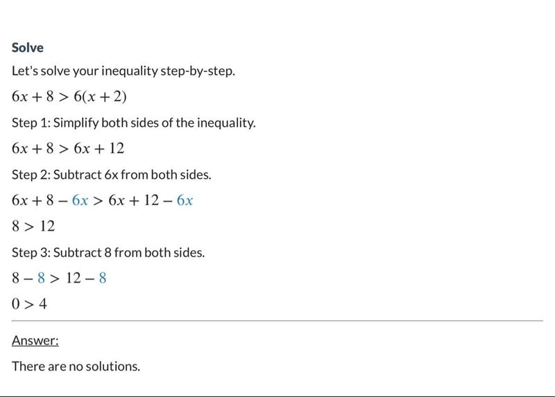 Solve the inequality: 6x+8 > 6(x+2)-example-1