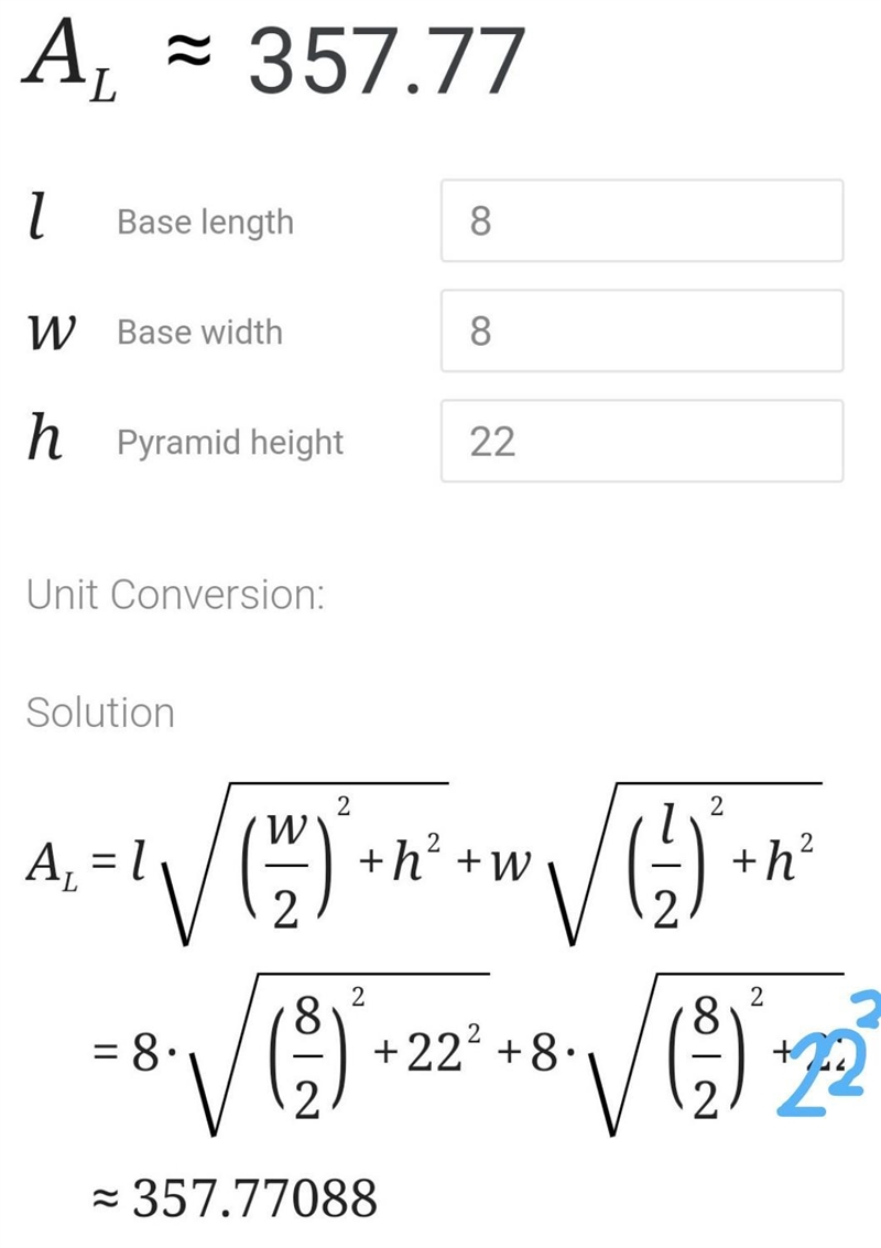 What is the lateral area of the pyramid 8m 8m 22m-example-1