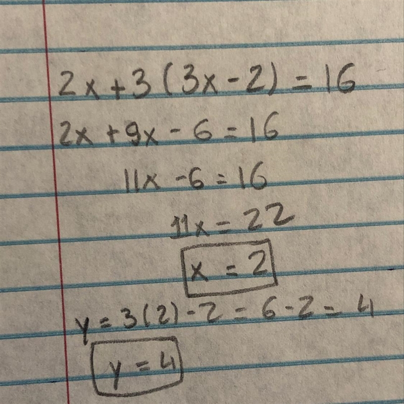 Use substitution to solve the syste y = 3x-2 2x+3y = 16-example-1