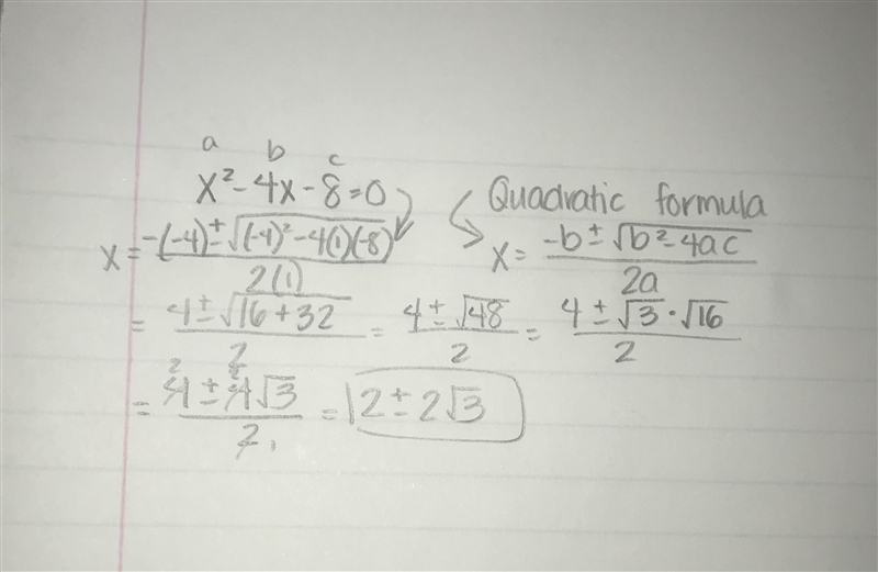 Use the quadratic formula to determine the exact solutions to the equation x^2-4x-example-1