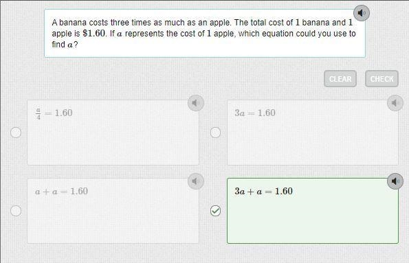 A banana costs three times as much as an apple. The total cost of 1 banana and 1 apple-example-1