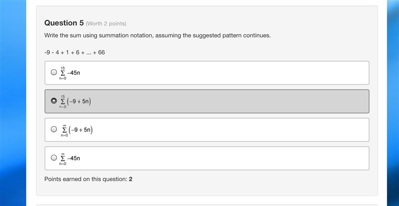 Write the sum using summation notation, assuming the suggested pattern continues. -9 - 4 + 1 + 6 + ... + 66-example-1