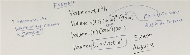 Volume of a cylinder with a radius of 13 in and height of 30 in-example-1