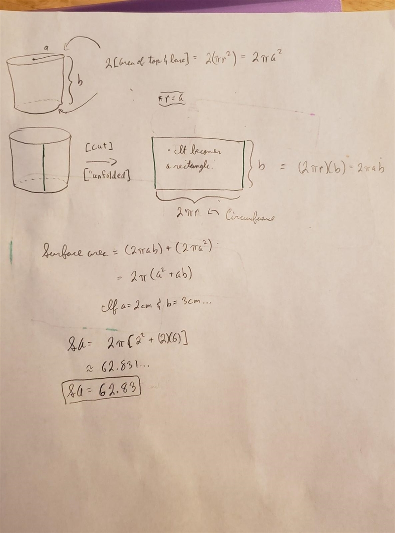 Find the surface area of the cylinder as pictured below with a = 2 cm and B= 3 cm-example-1