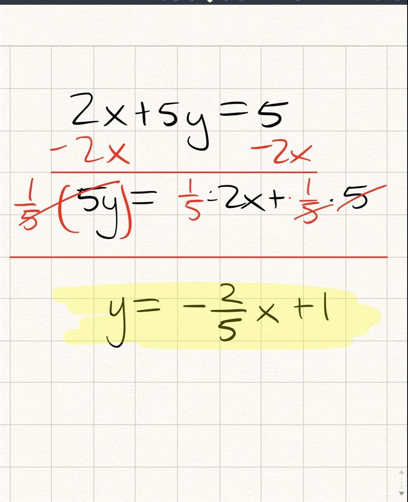 Solve the equation for y 2x+5y=5 ***Plz Help me out***-example-1