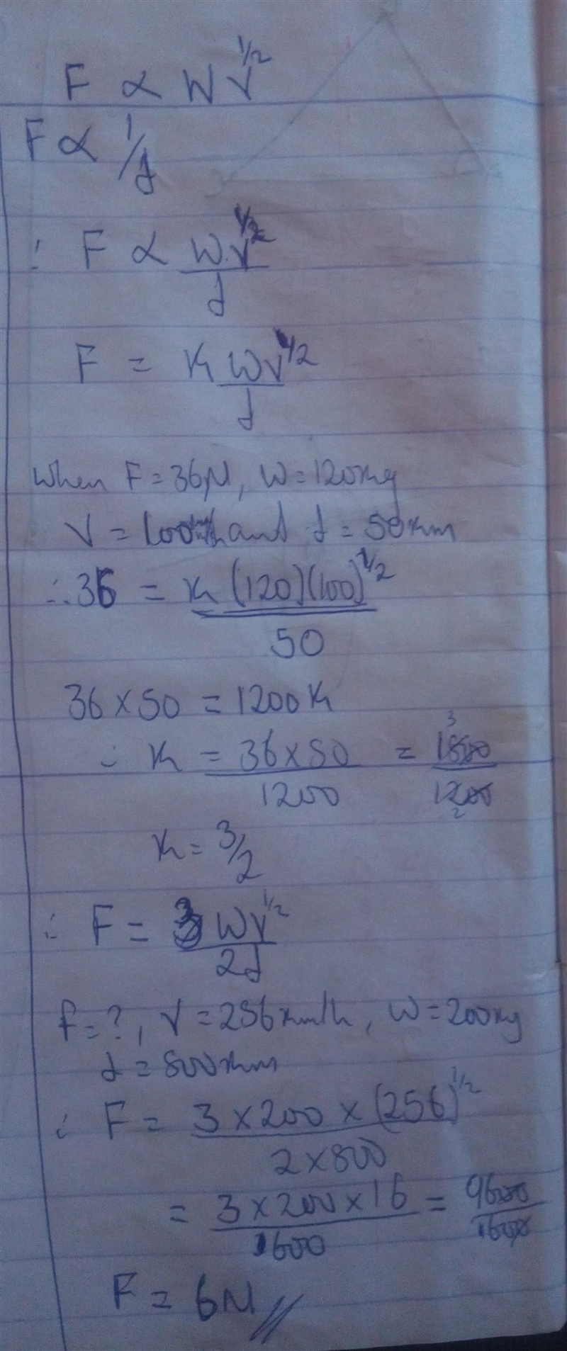 The force needed to stop a car varies directly as its weight W and the square root-example-1