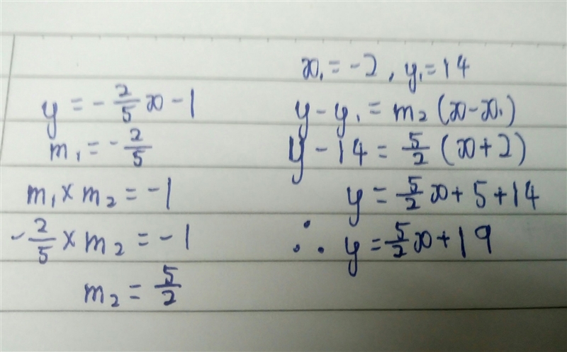 Find the equation of the line that passes through the point (-2,14) and is perpendicular-example-1