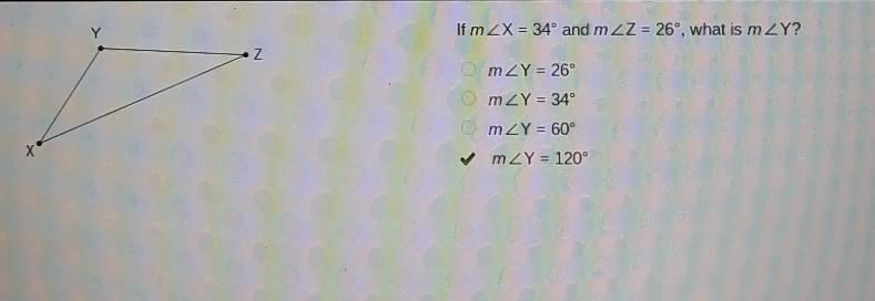 If m 2X = 34º and m ZZ = 26, what is mZY? OmZY = 26 OmZY = 34 mZY = 60°-example-1