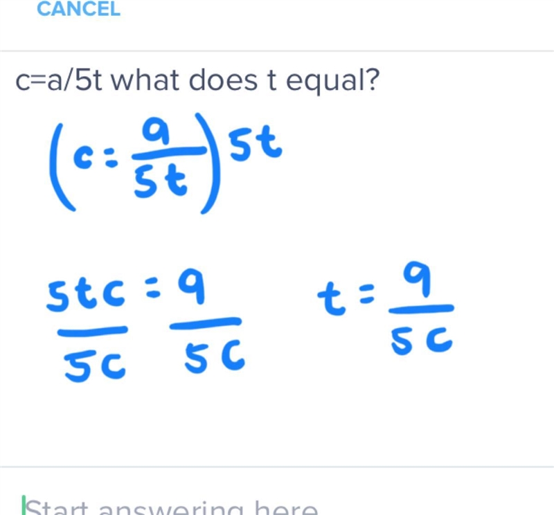 C=a/5t what does t equal?-example-1