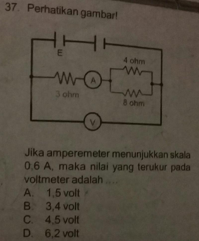 46. Perhatikan gambar! Bila amperemeter menunjuk angka 0,6 A, maka nilai yang terukur-example-1